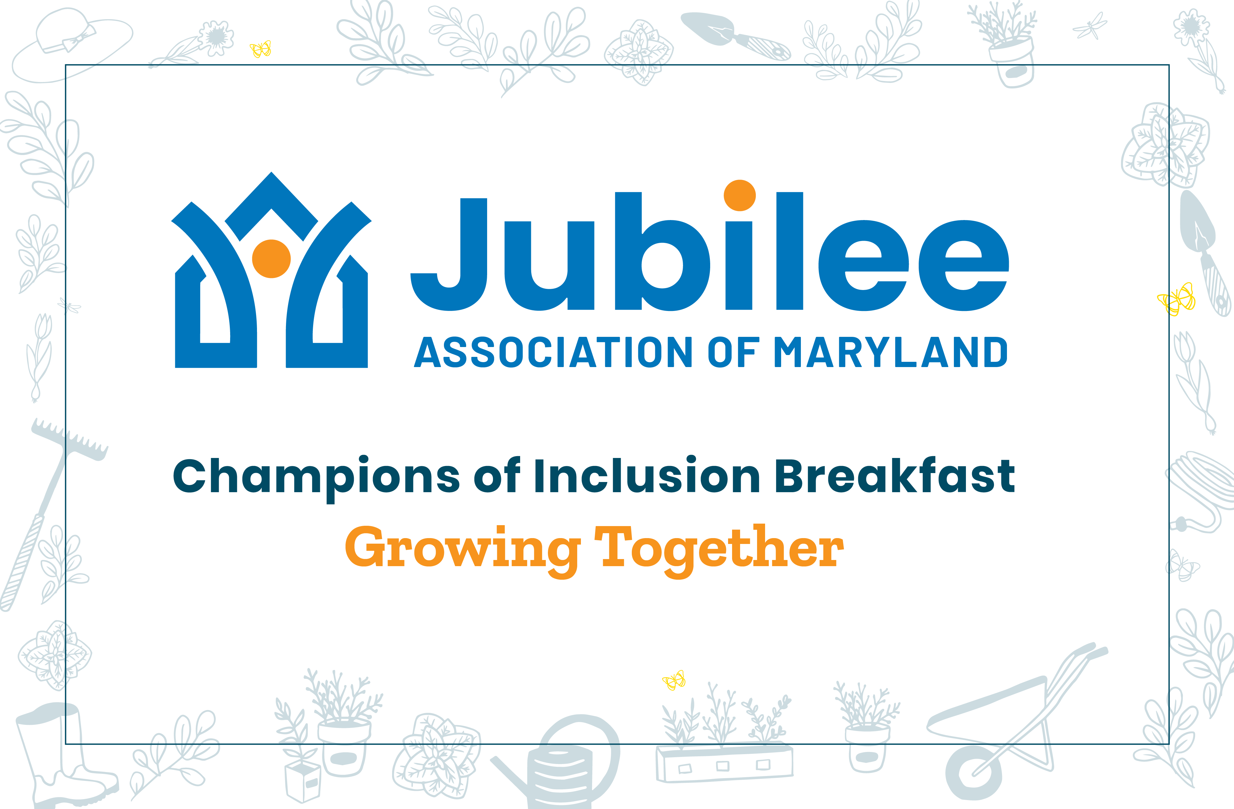 White card with text: Jubilee Champions of Inclusion Breakfast Growing Together